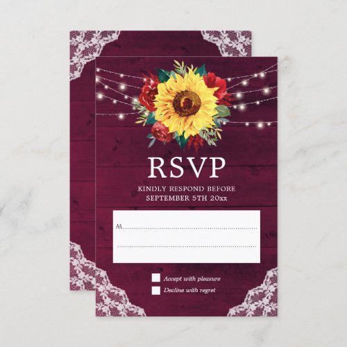 Sunflower Lace Red Rose Burgundy Wood Wedding RSVP Card