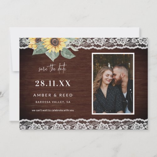 Sunflower  Lace Rustic Wooden Photo  Save The Date