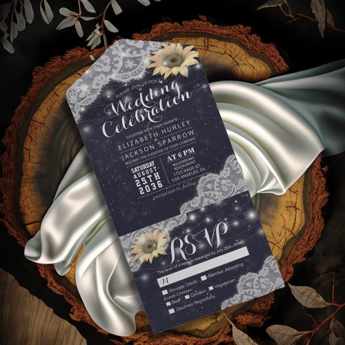 Sunflower Lace String Light Navy Blue Wedding RSVP All In One Invitation