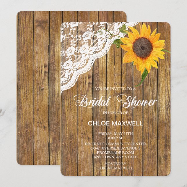 Sunflower Lace Wood Floral Bridal Shower Invitation (Front/Back)