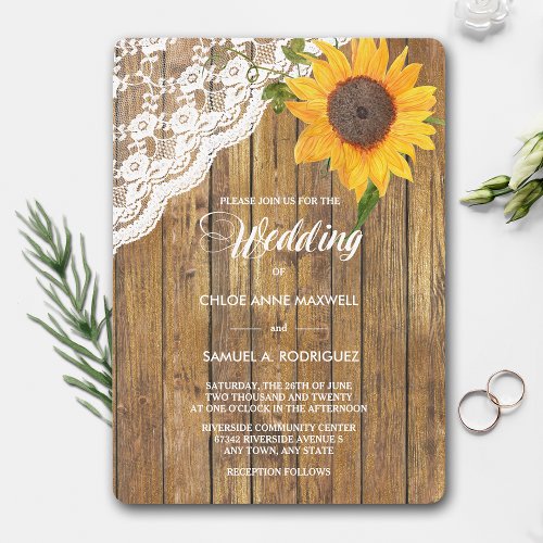 Sunflower Lace Wood Floral Wedding Invitation