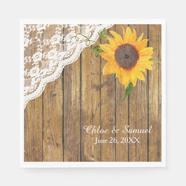 Sunflower Lace Wood Floral Wedding Paper Napkins (Front)