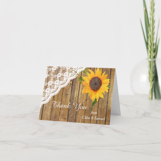 Sunflower Lace Wood Floral Wedding Thank You (Front)