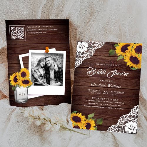 Sunflower Lace Wood Photo QR Code Bridal Shower Invitation