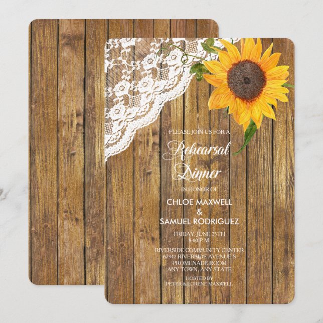 Sunflower Lace Wood Rehearsal Dinner Invitation (Front/Back)