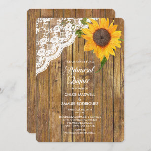 Sunflower Lace Wood Rehearsal Dinner Invitation