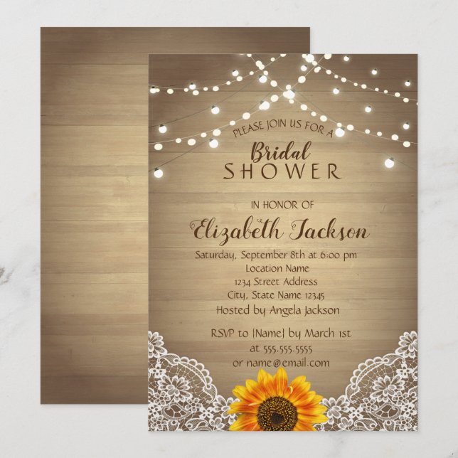 Sunflower, Lace, Wood Rustic Bridal Shower Invitation (Front/Back)