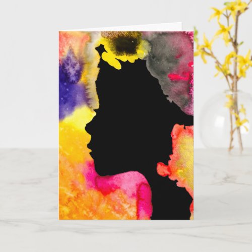 Sunflower lady silhouette watercolor art card