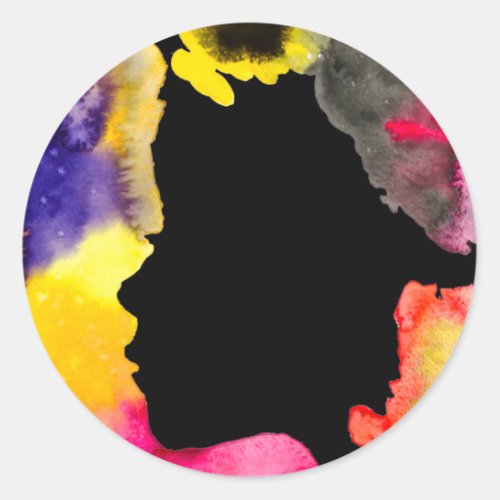 Sunflower lady silhouette watercolor art classic round sticker