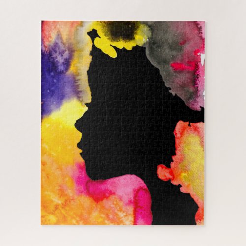 Sunflower lady silhouette watercolor art jigsaw puzzle