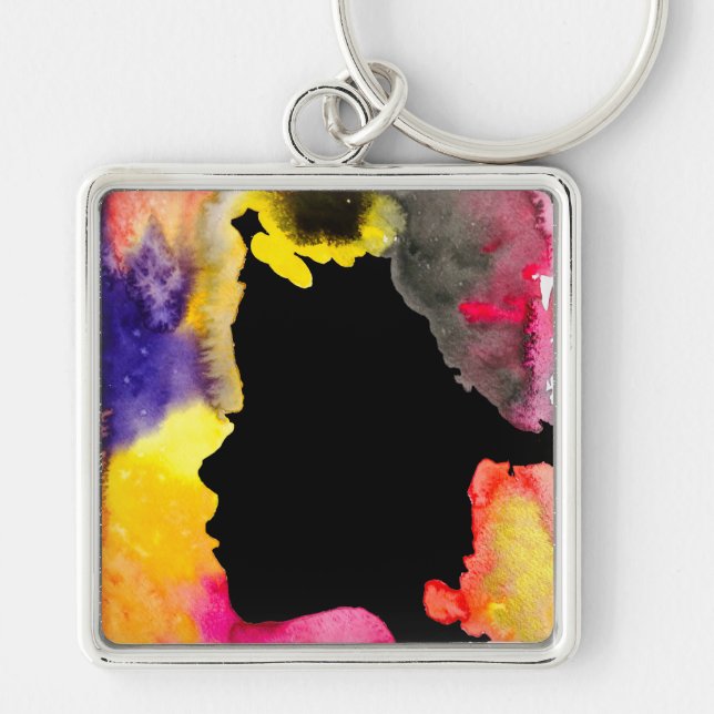 Sunflower lady silhouette watercolor art keychain (Front)