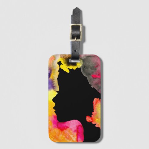 Sunflower lady silhouette watercolor art luggage tag