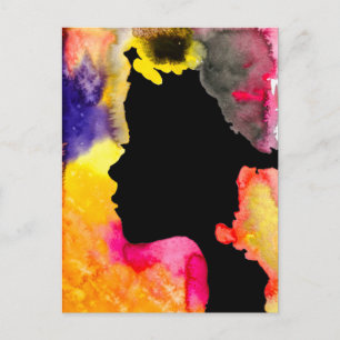 Sunflower lady silhouette watercolor art postcard