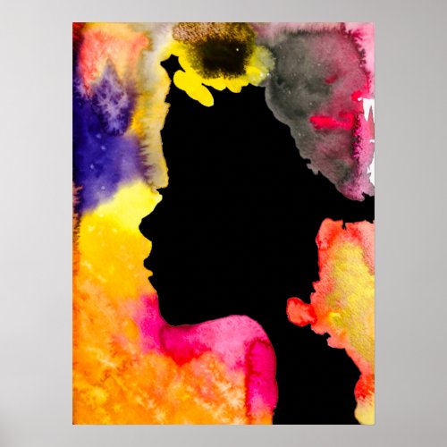 Sunflower lady silhouette watercolor art poster