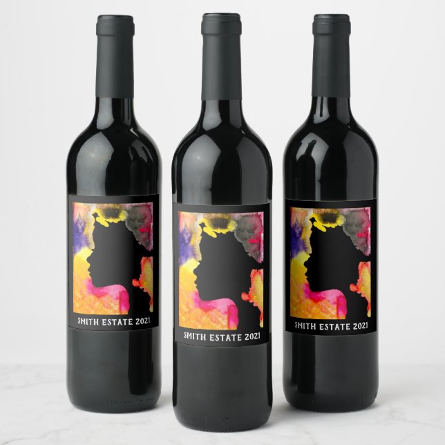 Sunflower lady silhouette watercolor art wine label (Bottles)