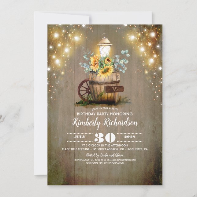 Sunflower Lantern Rustic Floral Fall Birthday Invitation (Front)