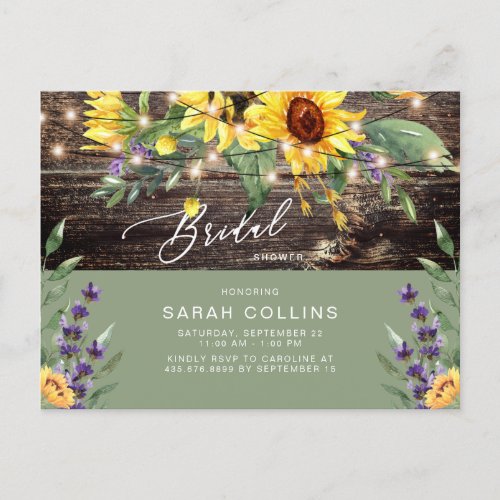 Sunflower  Lavender Bridal Rustic Shower Green Invitation Postcard