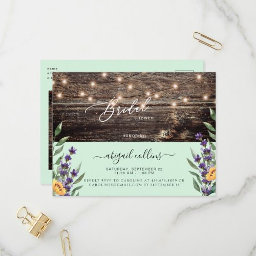 Sunflower  Lavender Rustic Mint Bridal Invitation Postcard