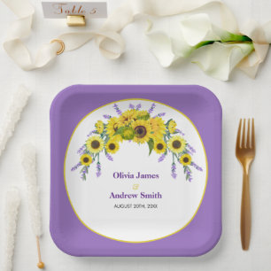 Sunflower & Lavender Vintage Floral Purple Wedding Paper Plates