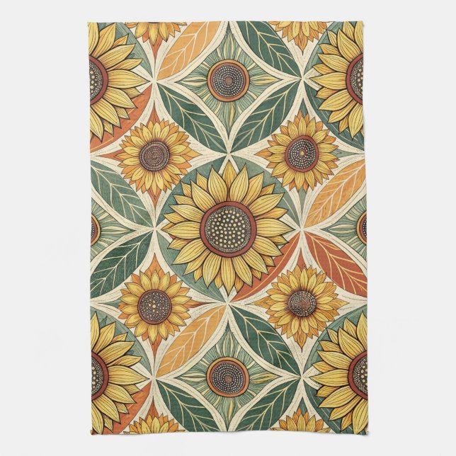 Sunflower & Leaf Pattern | Nature-Inspired Quilted Kitchen Towel (Vertical)