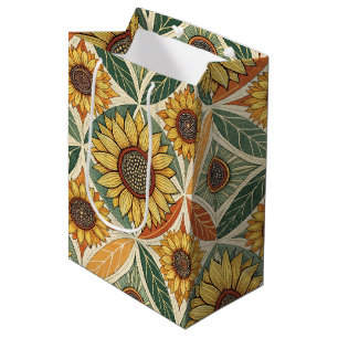 Sunflower & Leaf Pattern   Nature-Inspired Quilted Medium Gift Bag