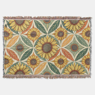 Sunflower & Leaf Pattern Nature-Inspired Quilted Throw Blanket
