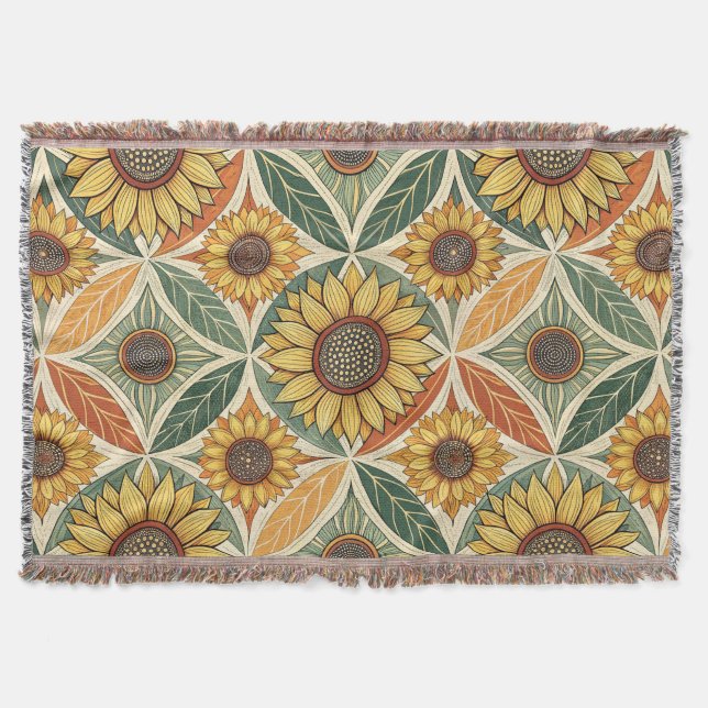 Sunflower & Leaf Pattern | Nature-Inspired Quilted Throw Blanket (Front)