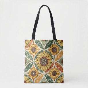 Sunflower & Leaf Pattern Nature-Inspired Quilted Tote Bag