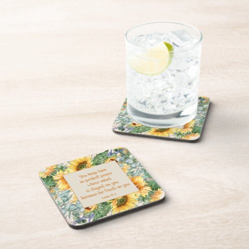 Sunflower Leaves Bible Verse Keep Perfect Peace   Beverage Coaster