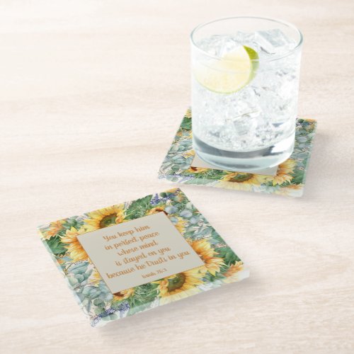 Sunflower Leaves Bible Verse Keep Perfect Peace    Glass Coaster