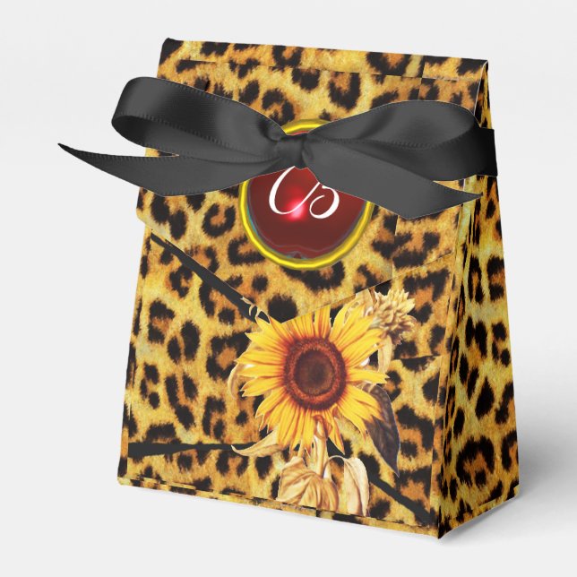 SUNFLOWER , LEOPARD FUR BOW SUMMER PARTY MONOGRAM FAVOR BOXES (Front Side)