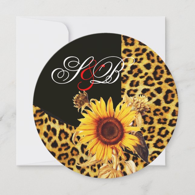SUNFLOWER ,LEOPARD FUR RIBBON,RED RUBY GEMSTONE INVITATION (Front)