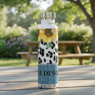 Sunflower Leopard Print Rustic Chic Name Water Bottle