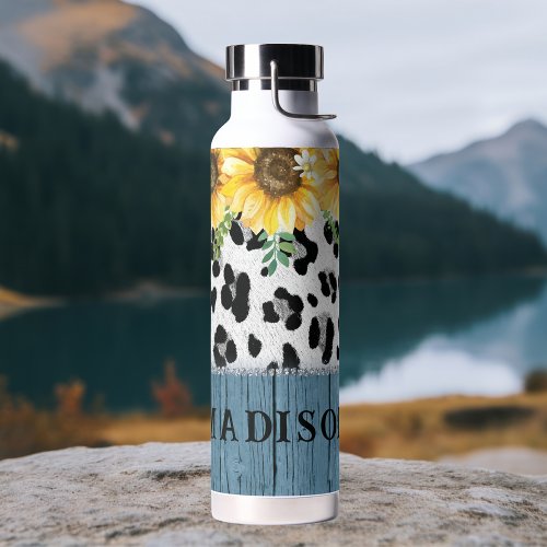 Sunflower Leopard Print Rustic Chic Name Water Bottle