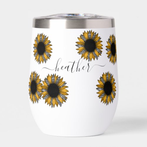Sunflower Leopard Spot Monogram Name Personalized  Thermal Wine Tumbler
