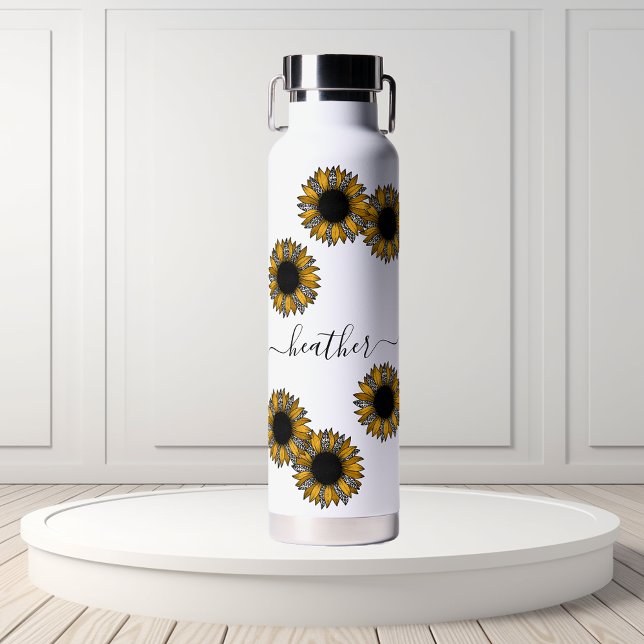 Sunflower Leopard Spot Monogram Name Personalized  Water Bottle (Creator Uploaded)