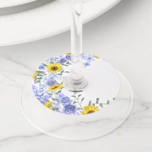 Sunflower & Light Blue Roses Wine Glass Tag Labels