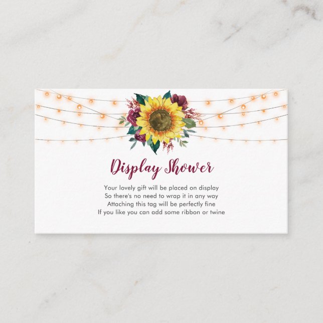 Sunflower Lights Burgundy Bridal Display Shower Enclosure Card (Front)