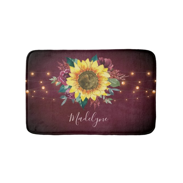 Sunflower Lights Burgundy Floral Monogram Bath Mat (Front)