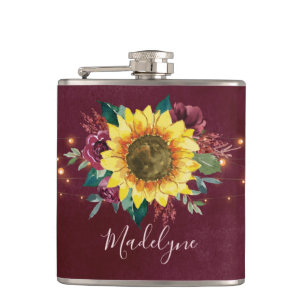 Sunflower Lights Burgundy Floral Monogram Flask