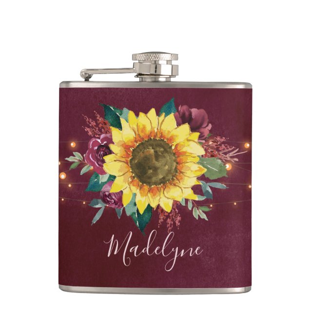 Sunflower Lights Burgundy Floral Monogram Flask (Front)