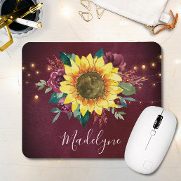 Sunflower Lights Floral Burgundy Monogram Mouse Pad