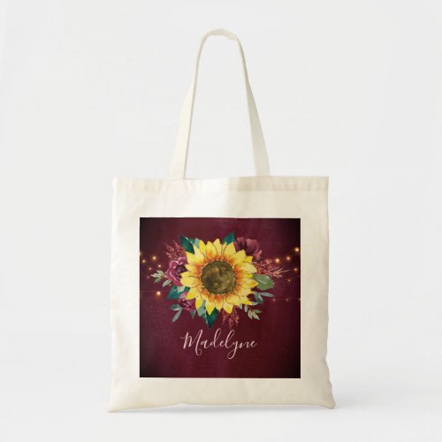Sunflower Lights Floral Burgundy Monogram Tote Bag