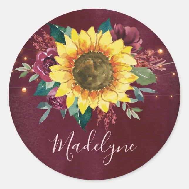 Sunflower Lights Floral Burgundy Name Classic Round Sticker (Front)