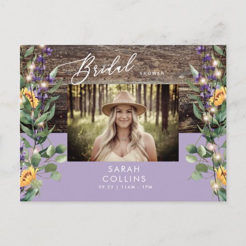 Sunflower Lights  Lavender Photo Rustic Bridal  Invitation Postcard