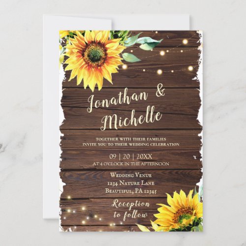 Sunflower Lights on Rustic Wood Christian Wedding Invitation