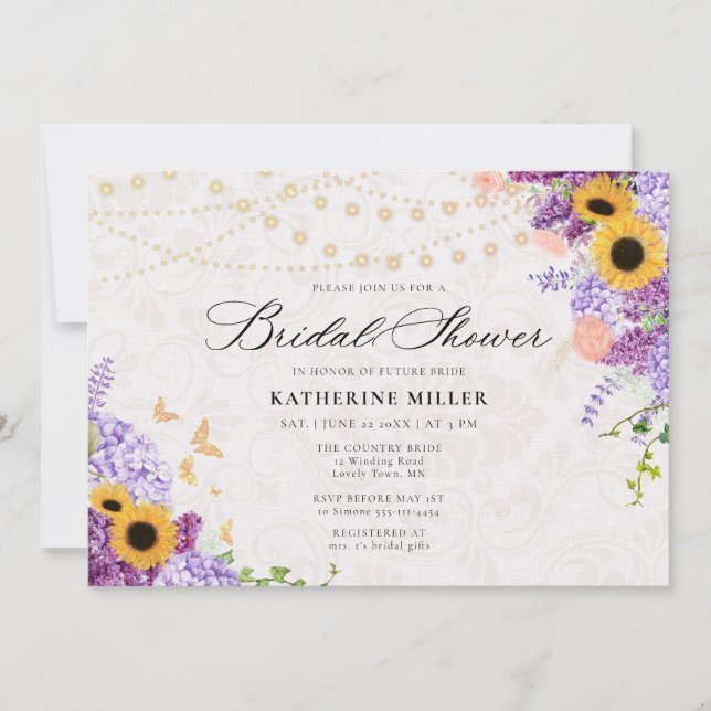Sunflower Lilac Lights Rustic Blush Bridal Shower Invitation (Front)