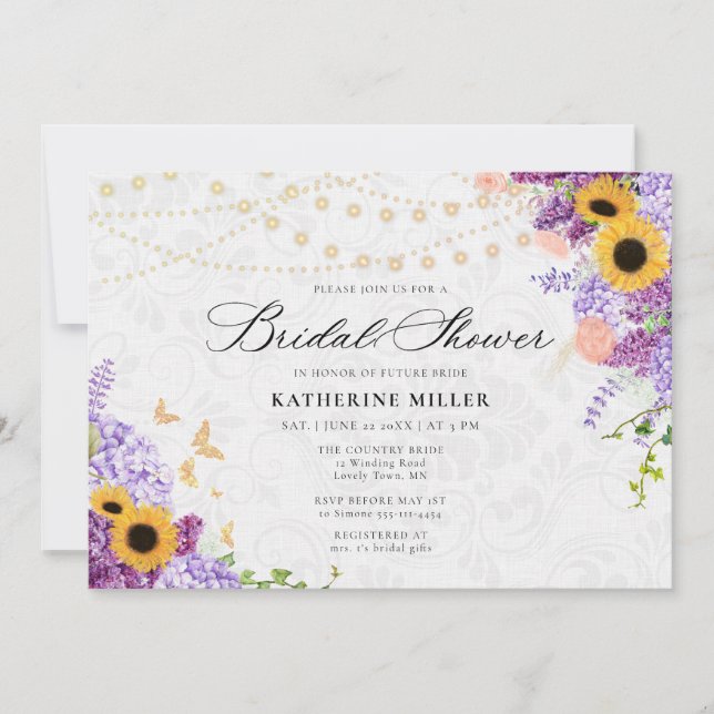 Sunflower Lilac String Lights Rustic Bridal Shower Invitation (Front)