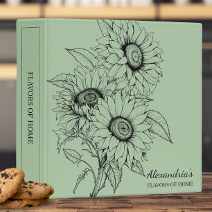 Sunflower Line Illustration Monogram Recipe  3 Ring Binder