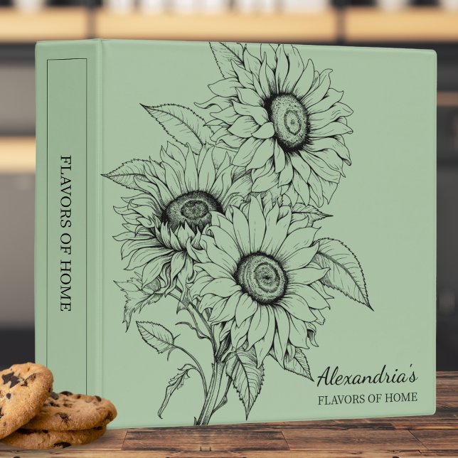 Sunflower Line Illustration Monogram Recipe  3 Ring Binder (Creator Uploaded)